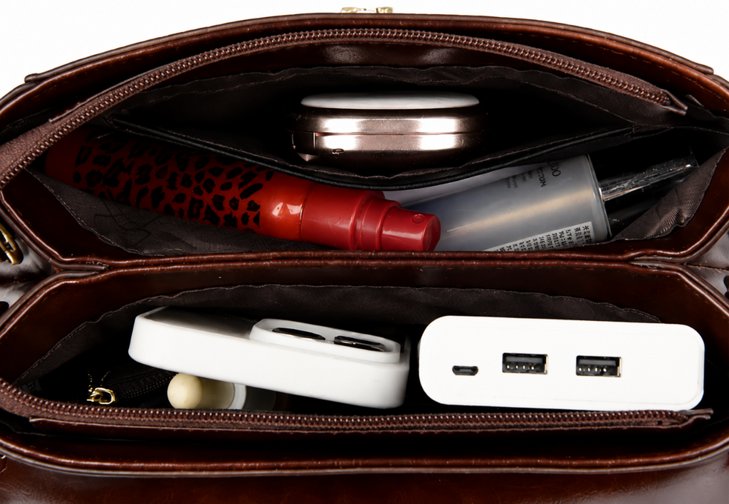 Open brown leather zippered pouch showing organized compartments with travel items including a red spray bottle, compact, tube, white power bank, and white multi-port charger.